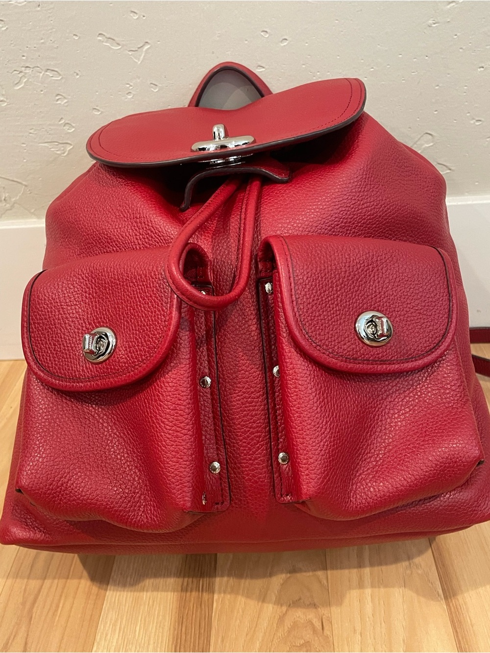 Coach EUC Red Pebble Leather Turnlock Backpack with stud pocket detail. ♥️ - Picture 2 of 16